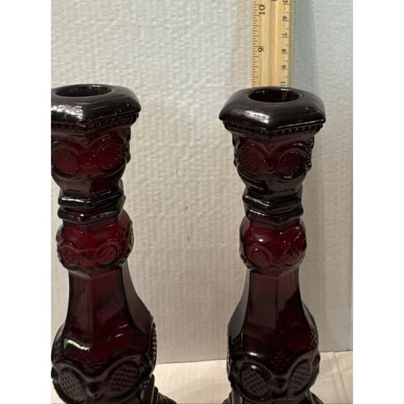 Pair Avon "1876 Cape Cod" Cranberry Ruby Red Glass Candlesticks Vintage 8.75" - Picture 2 of 4